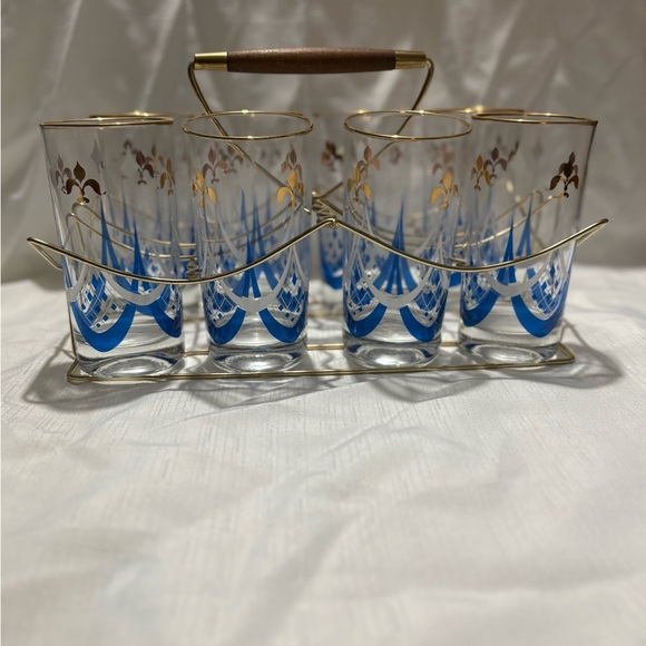 Vintage Elegant Gold and Blue Glass Set with Holder - Picture 1 of 9
